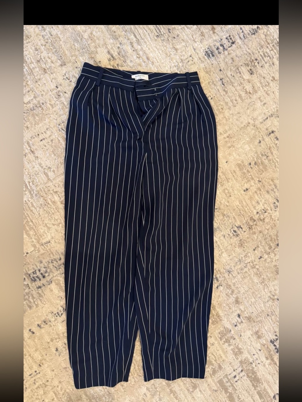Aritiza Babaton Navy Pinstripe Trousers with White Stripes